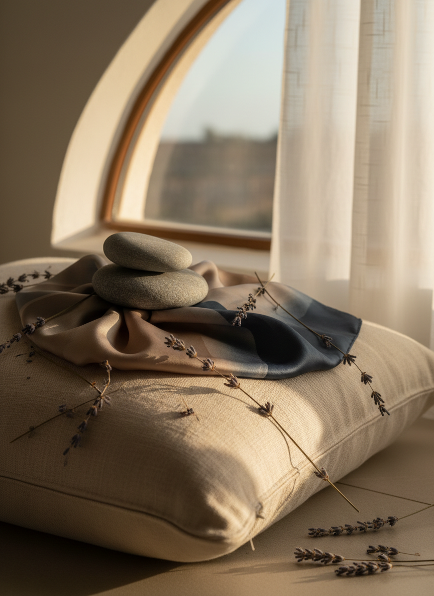 A minimalist yet opulent still life of a single, smooth river stone balanced atop a folded, silky scarf in muted sand and slate hues, surrounded by delicate dried lavender sprays. The vignette is arranged on a large, understated linen pillow placed near a low, arched window. Soft sunset light filters through sheer curtains, casting warm, elongated shadows and gentle gradients across the scene. The atmosphere radiates peacefulness and allows for quiet contemplation, with an asymmetric composition captured at a low-angle with shallow depth, placing focus on organic textures and refined elegance. The overall photographic realism and subdued palette underscore the retreat’s sophisticated and mindful environment.