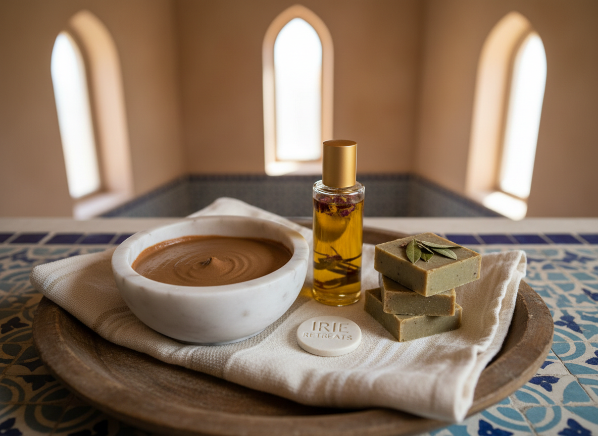 A collection of luxurious organic spa products, including a polished marble bowl of Moroccan rhassoul clay, a minimalist glass bottle of infused argan oil with a matte gold cap, and artisanal olive soap, artfully arranged on a folded, ivory cotton fouta. The arrangement rests on an antique wooden tray atop classic patterned mosaic tiles, with the backdrop softly blurred to suggest a quiet, tiled spa alcove. Warm, indirect light from narrow windows bathes the scene, creating gentle highlights and enhancing the natural hues of the products. The mood is refined and nurturing, captured from a top-down perspective with a clean, minimalist composition, embodying the wellness journey offered by Irie Retreats.