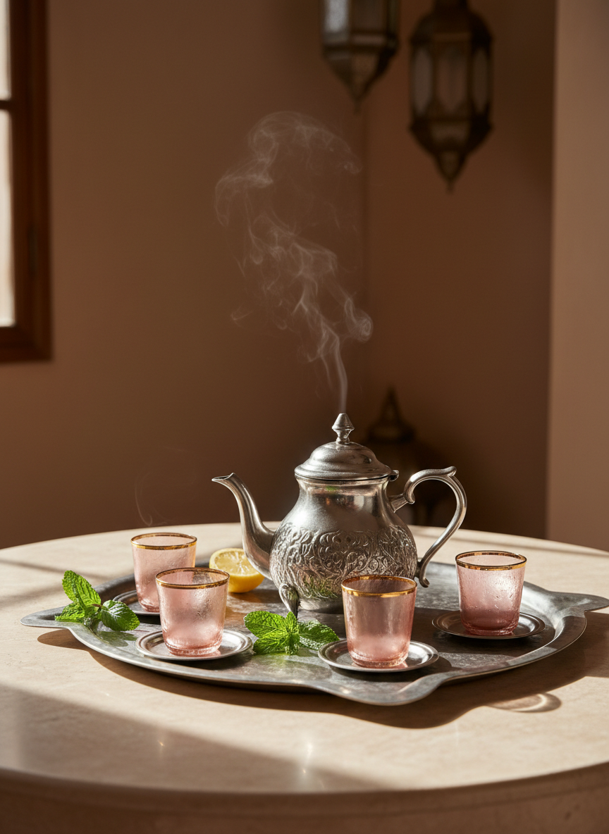 An exquisite, handcrafted Moroccan tea set featuring a brushed-silver teapot with delicate filigree details, paired with petite, blush-toned glass cups resting on an understated arched tray. The set sits on a smooth travertine table, adorned with minimal sprigs of fresh mint and a single lemon slice. The background is softly blurred to reveal hints of traditional Moroccan lanterns and textured tadelakt walls in a muted caramel hue. Early morning light streams through a high window, illuminating gentle smoke tendrils from hot tea and creating subtle reflective highlights. The mood exudes sophistication and tranquility, captured at table height with a focus on elegant composition and minimalist luxury, embodying the restorative offerings of the retreat.