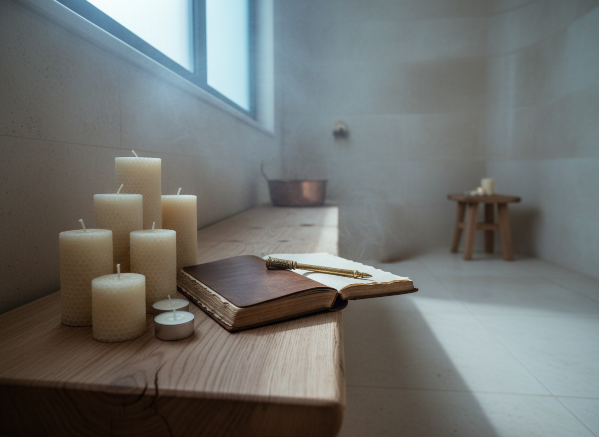 A serene arrangement of creamy, natural beeswax candles in varied heights is clustered on a carved cedar bench, alongside a single, open leather-bound journal with thick, cotton pages and an elegant brass pen. The scene is set within a refined, minimalist corner of a hammam room, visible through softly glowing, vapor-swirled air. Cool, diffused light from a frosted overhead window creates a gentle glow and casts barely-there shadows, emphasizing the sanctuary-like calm. Shot from a three-quarters angle, the composition is balanced and uncluttered, reflecting the sophisticated, contemplative ethos of the retreat. Photographic style highlights nuanced textures and a palette of harmonious earthy neutrals.