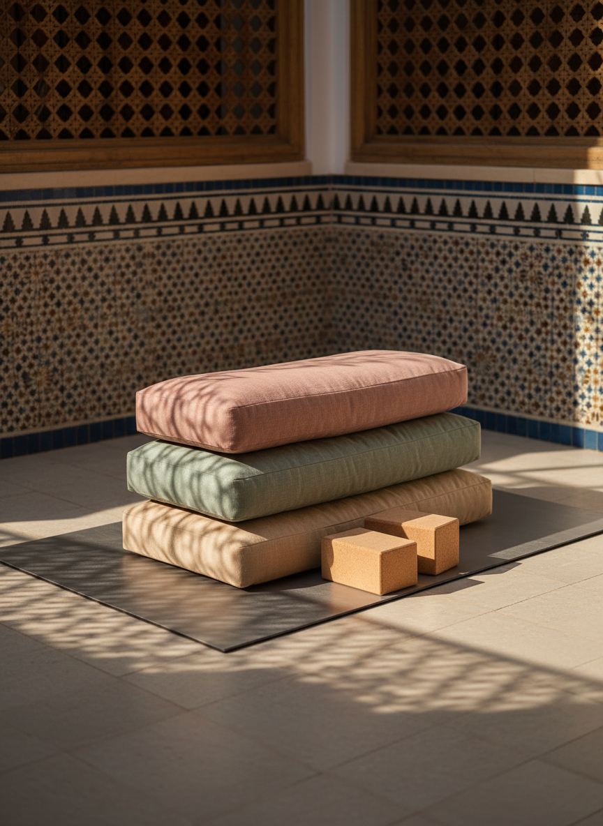 A meticulously arranged set of textured linen yoga bolsters and minimalist cork blocks rests atop a silky, stone-gray tatami mat, set within a tranquil, sunlit Moroccan riad courtyard. The bolsters showcase subtle variations of muted earth tones—dusty rose, sage, and sand—contrasting elegantly against the intricate, hand-painted Zellige tilework surrounding the space. Gentle late afternoon sunlight filters through delicate latticework, casting softly dappled light and nuanced shadows across the scene. The atmosphere is serene and inviting, exuding the quiet luxury of a wellness sanctuary. Captured from a slightly elevated eye-level angle with centered composition and shallow depth of field to emphasize detail and calm. The photographic realism is enhanced by refined, minimalist aesthetics, aligning perfectly with themes of rejuvenation and sophistication for a high-end wellness retreat.