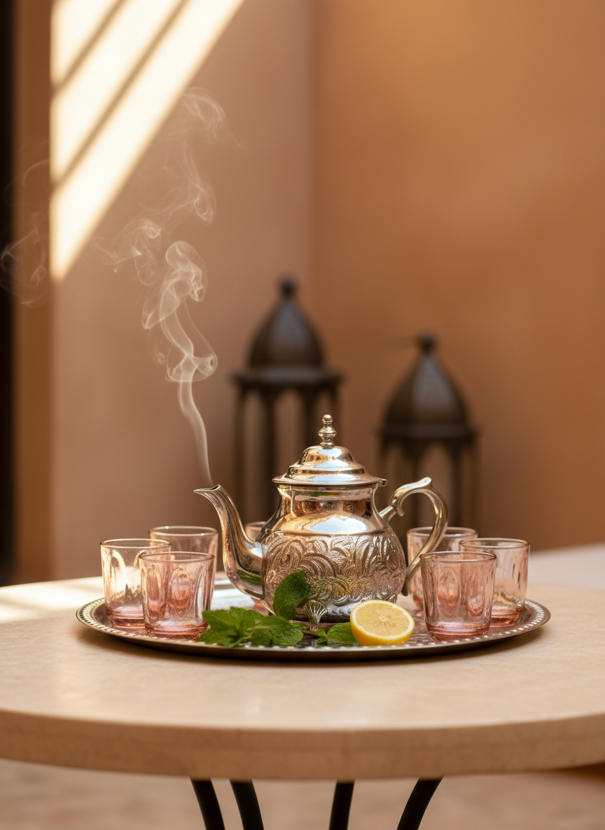 An exquisite, handcrafted Moroccan tea set featuring a brushed-silver teapot with delicate filigree details, paired with petite, blush-toned glass cups resting on an understated arched tray. The set sits on a smooth travertine table, adorned with minimal sprigs of fresh mint and a single lemon slice. The background is softly blurred to reveal hints of traditional Moroccan lanterns and textured tadelakt walls in a muted caramel hue. Early morning light streams through a high window, illuminating gentle smoke tendrils from hot tea and creating subtle reflective highlights. The mood exudes sophistication and tranquility, captured at table height with a focus on elegant composition and minimalist luxury, embodying the restorative offerings of the retreat.